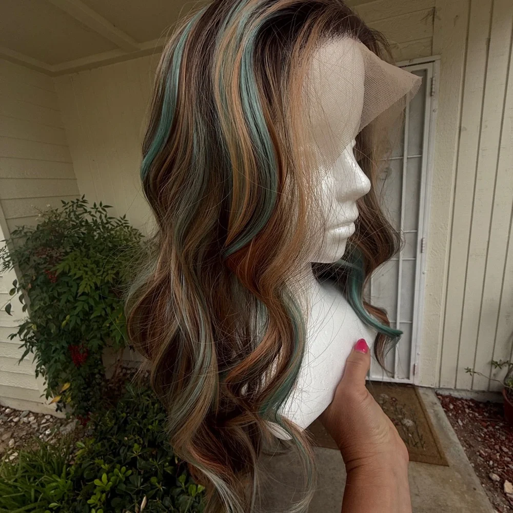 Long Wavy Women’s Hair Color - Blonde with Teal Highlights